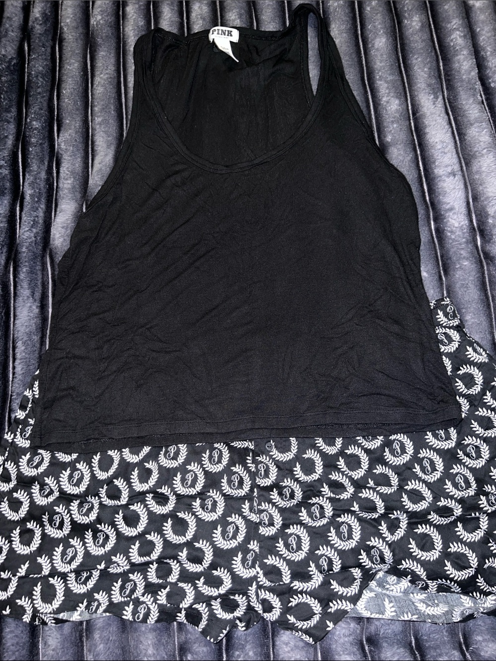 PINK Black Racerback Tank Top with Black and White Logo Print Boxer Style Shorts